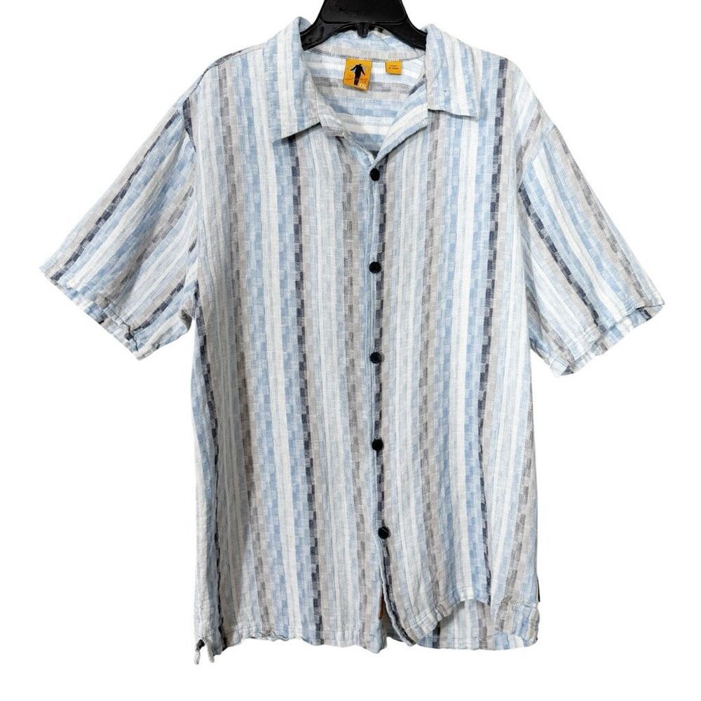 Steve Harvey Men Short Sleeve Linen Blue Tan White Stripe Button Down Shirt XXL
